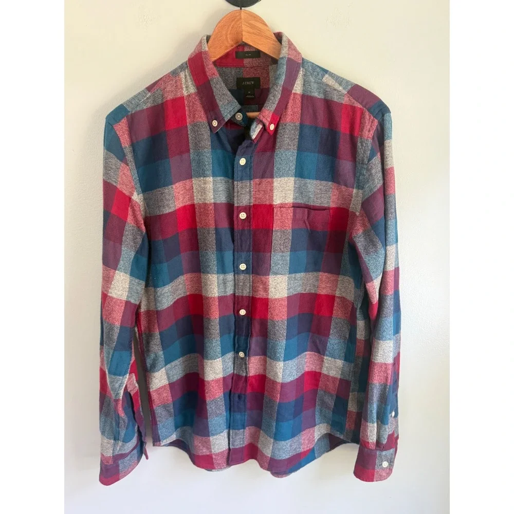 J. Crew Mens Slim Fit Flannel Plaid Button Down Shirt Red Blue M 06782 HO 13